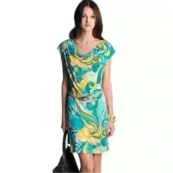 Trina Turk Collection Small Blue Green‎ Floral Cowl Neck Sleeveless
Dress EUC - Picture 1 of 8